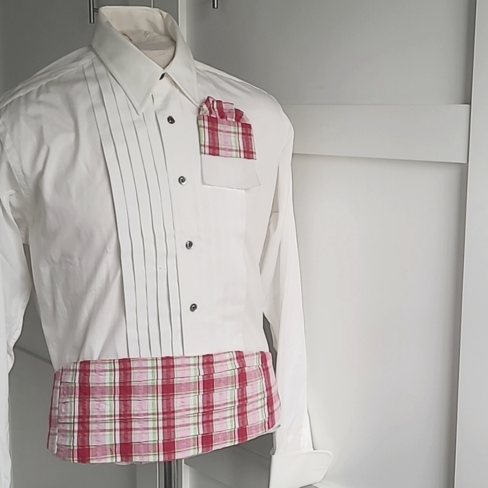 Pink plaid  bow tie, cummerbund & pocket square